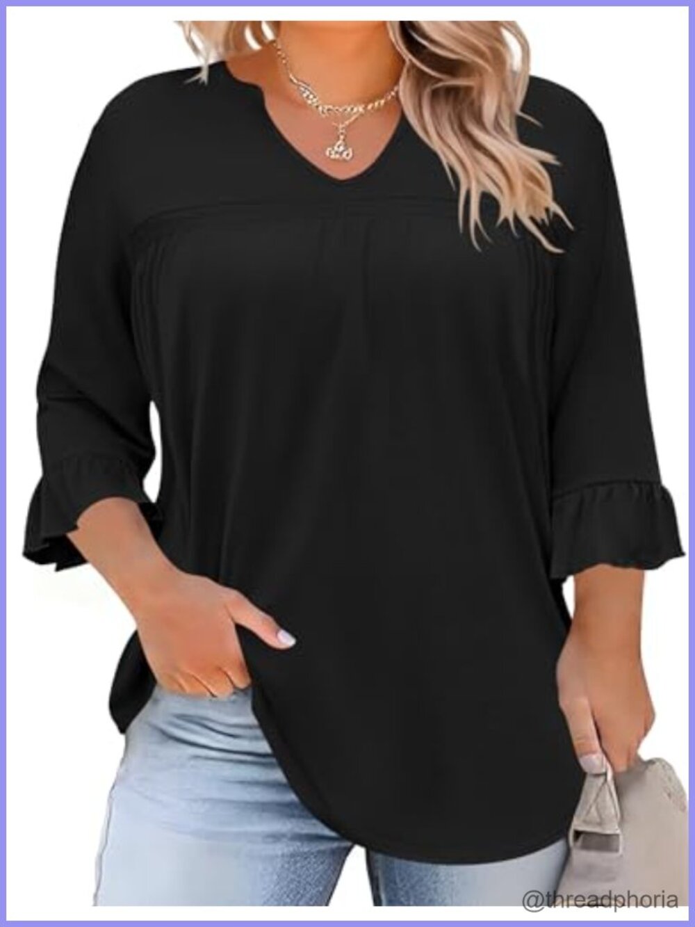 Plus Size V Neck 3/4 Sleeve Pleated Blouse Dressy Casual Tunic Top